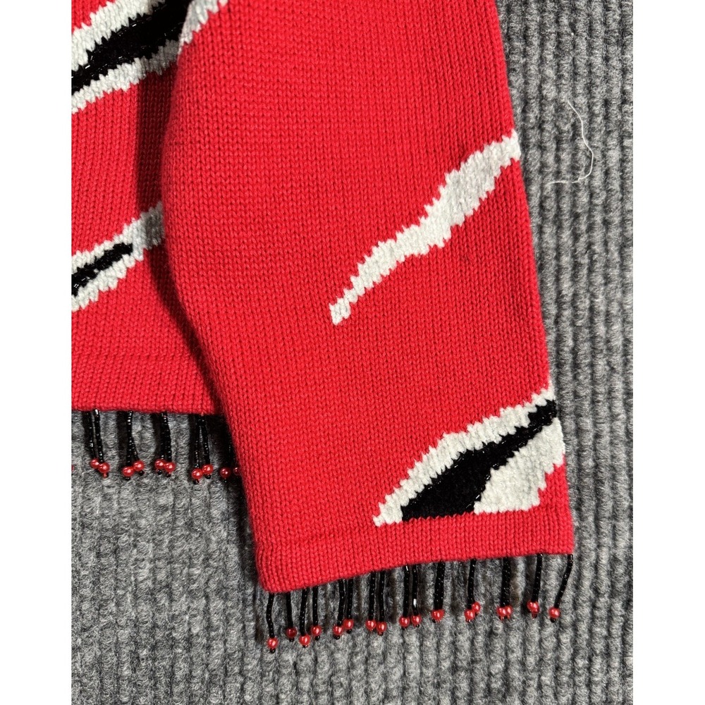 VTG Berek Beaded Fringe Cardigan Sweater XL -Red Black Gray Zebra Stripe NOS NWT - Picture 9 of 16